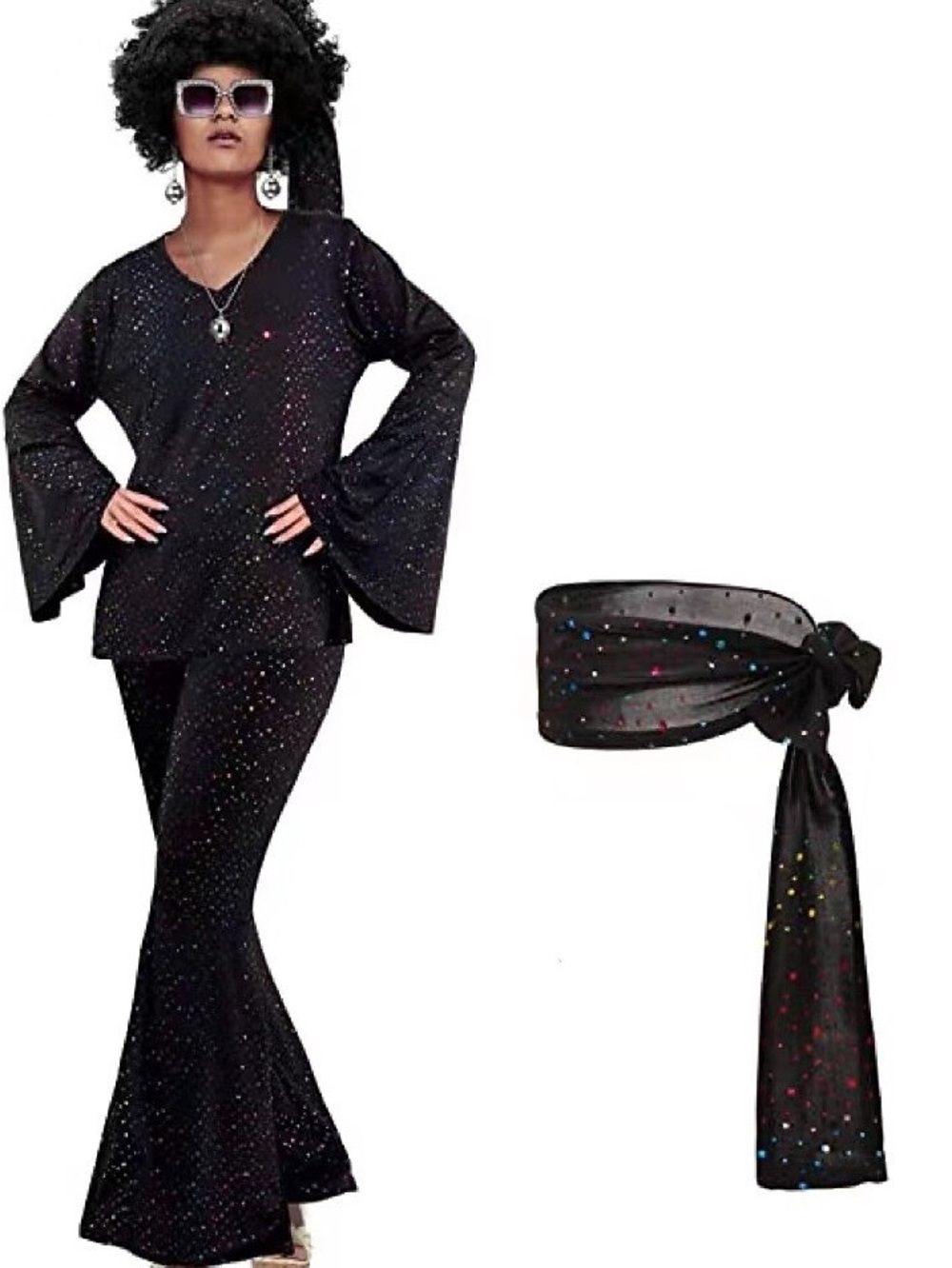 NWT 70’s Disco outfit Black Bell Sleeve Top & Flare Pants Set with wig Size Med